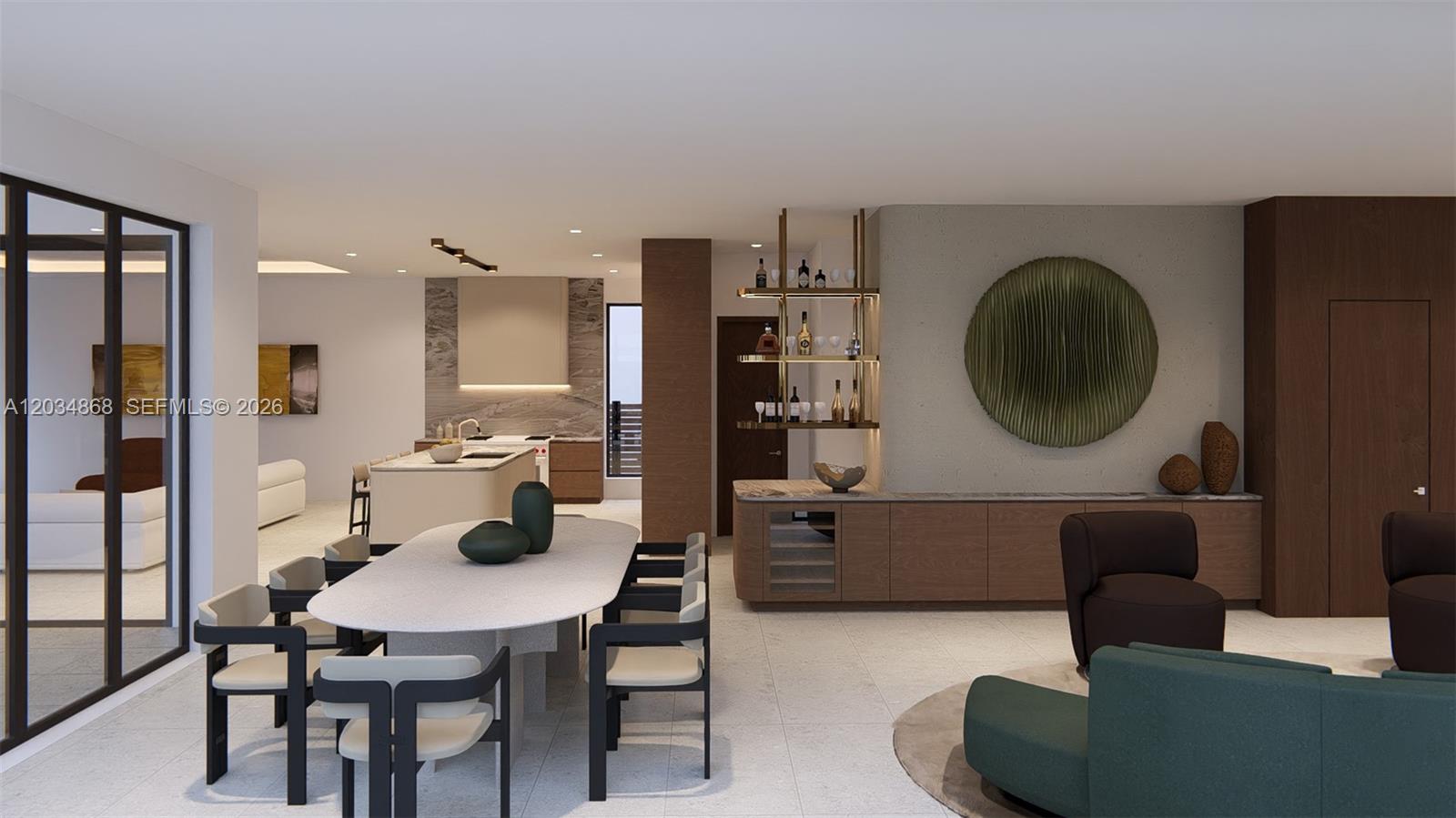 This rendering shows an open-concept living and dining area with modern furniture and wood cabinetry — 7235 SW 54th Ave, Miami FL 33143, MIAMI, FL