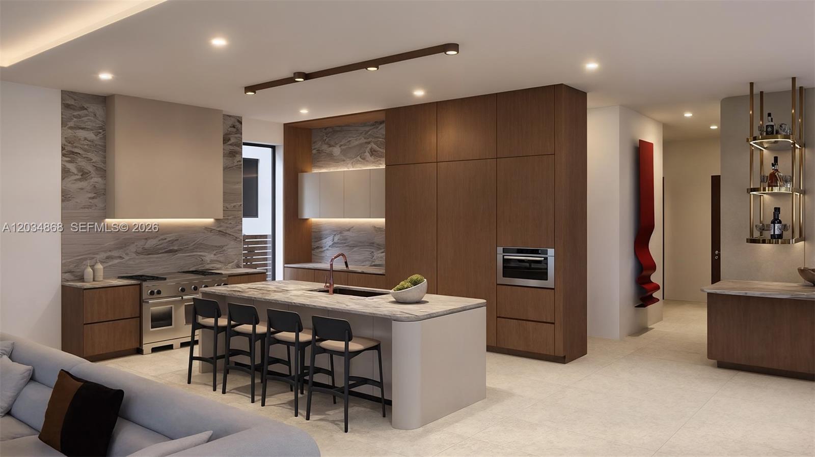 This rendering shows a modern kitchen with wood cabinetry, marble countertops, and a central island — 7235 SW 54th Ave, Miami FL 33143, MIAMI, FL
