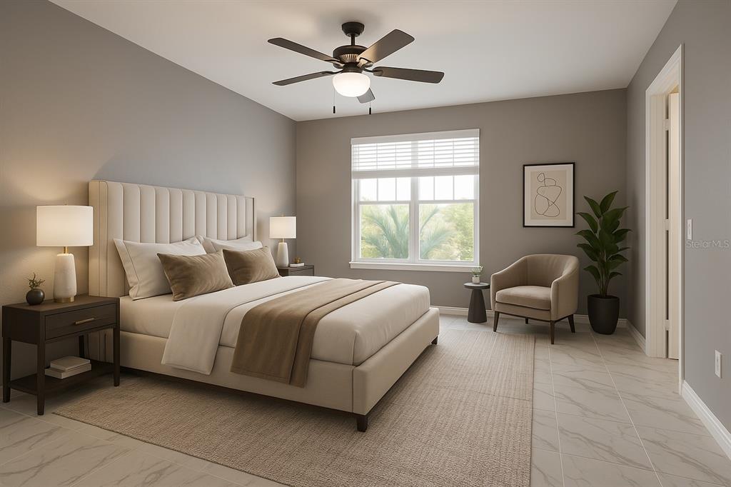 This is a rendering of a bedroom featuring a bed, ceiling fan, and armchair — 227 ORCHID DRIVE, DAVENPORT, FL