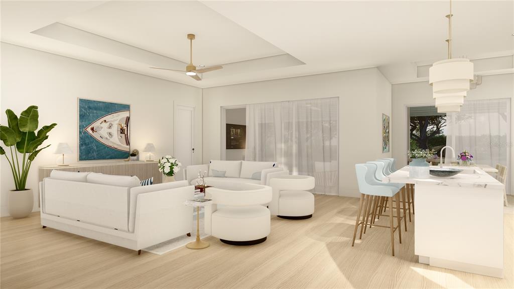 This rendering shows an open-concept living room and kitchen with white furniture and light flooring — 17449 CAPE HORN BOULEVARD, PUNTA GORDA, FL