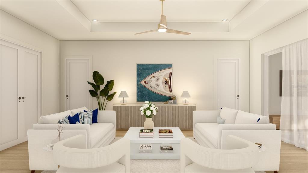 This is a rendering of a living room featuring two white sofas, armchairs, and artwork — 17449 CAPE HORN BOULEVARD, PUNTA GORDA, FL