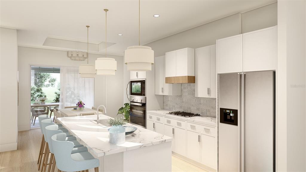 This rendering shows a modern kitchen with white cabinetry, marble countertops, and a large island — 17449 CAPE HORN BOULEVARD, PUNTA GORDA, FL