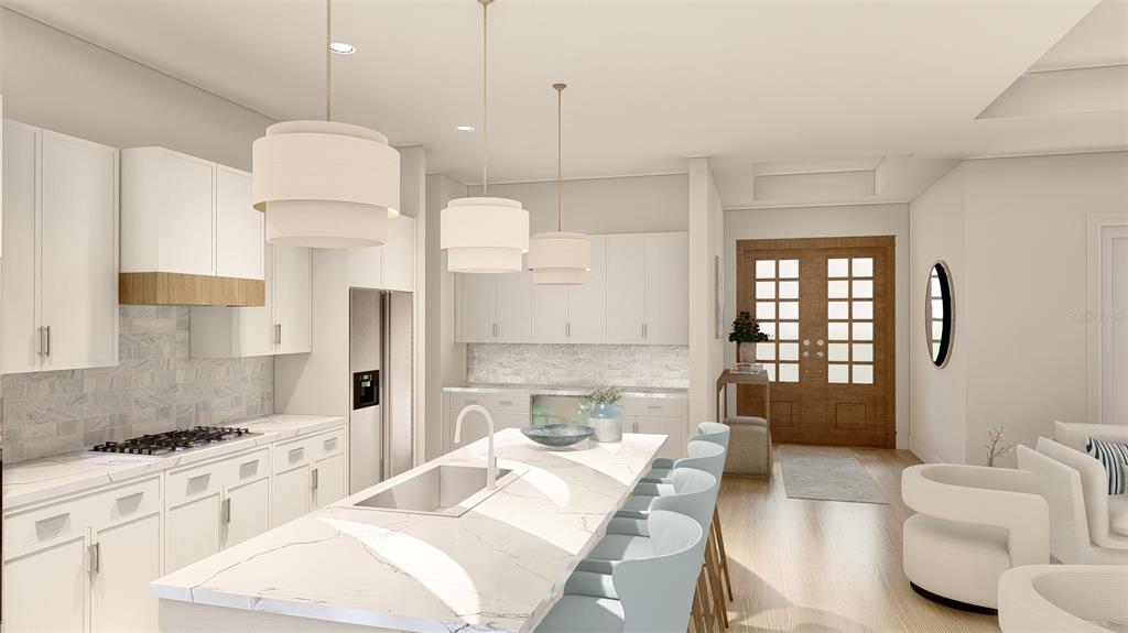 This is a rendering of a modern kitchen featuring white cabinetry, marble countertops, and pendant lighting — 17449 CAPE HORN BOULEVARD, PUNTA GORDA, FL