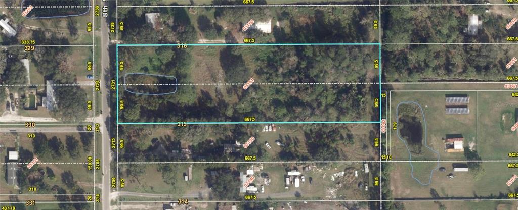 This is an aerial map showing a rectangular plot of land outlined in blue — 2731 8TH STREET, ORLANDO, FL