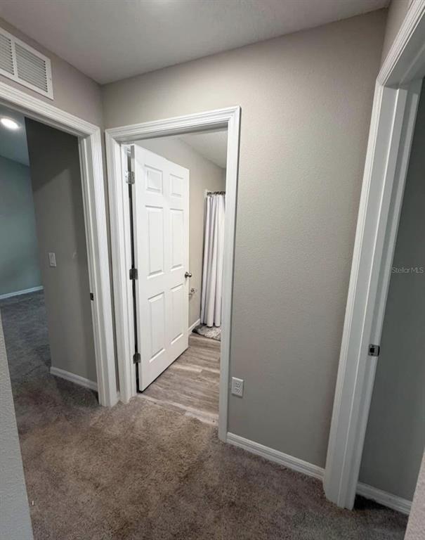 A hallway with carpeted floors leads to a bathroom with wood-look flooring and a shower — 5480 SILTSTONE STREET, LAKELAND, FL