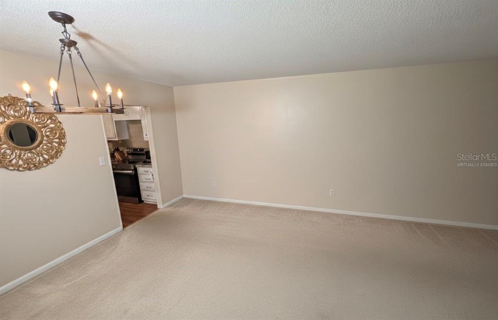 This room features beige carpeting, light-colored walls, and a rustic chandelier above a wall mirror — 5860 38TH AVENUE N UNIT 29, ST PETERSBURG, FL