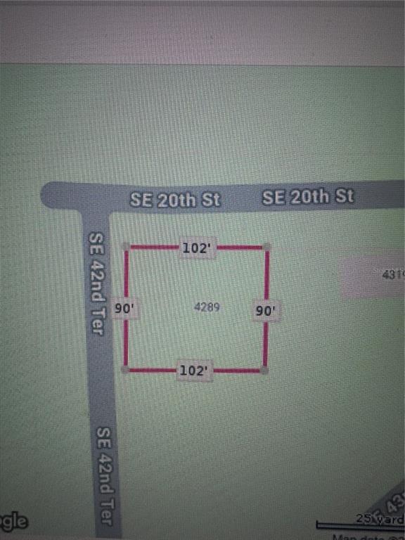 This map shows a rectangular plot of land measuring 102 feet by 90 feet — 4289 SE 20TH STREET, TRENTON, FL