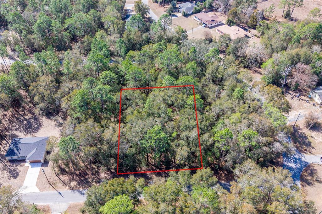 An aerial view shows a rectangular, wooded vacant lot outlined in red near residential homes — TBD NE 2ND ST, LOT 10, WILLISTON, FL