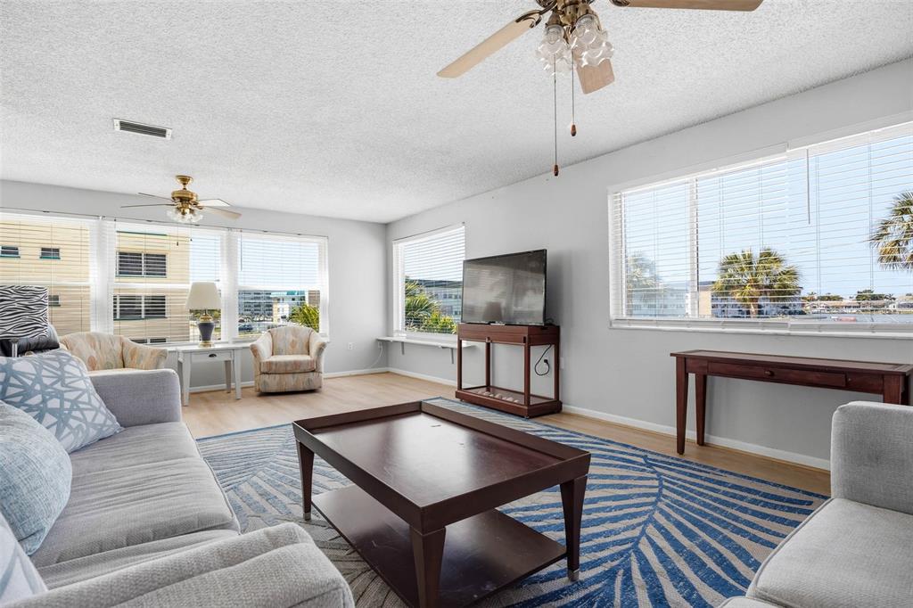 A living room features light gray walls, a blue patterned rug, and large windows — 2850 59TH STREET S UNIT 215, GULFPORT, FL