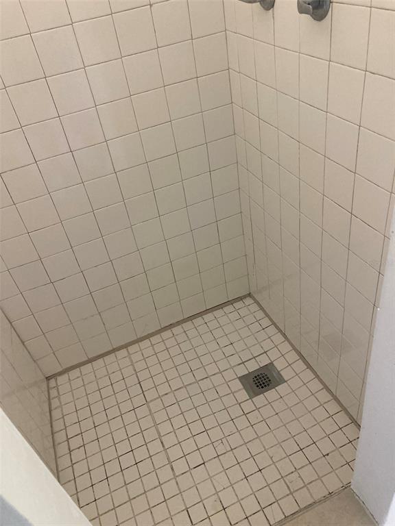 A walk-in shower with white square wall and floor tiles and a metal drain — 1401 E ALFRED STREET UNIT 3, TAVARES, FL