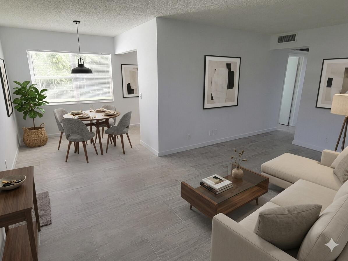 This is a digital rendering of an open-concept living and dining area with tile flooring — 613 Fanshaw, Boca Raton FL 33434, BOCA RATON, FL