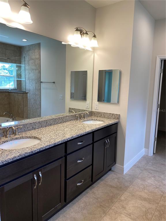 A bathroom features a double-sink granite vanity with dark wood cabinets and a large mirror — 3481 NASHVILLE ROAD, NORTH PORT, FL