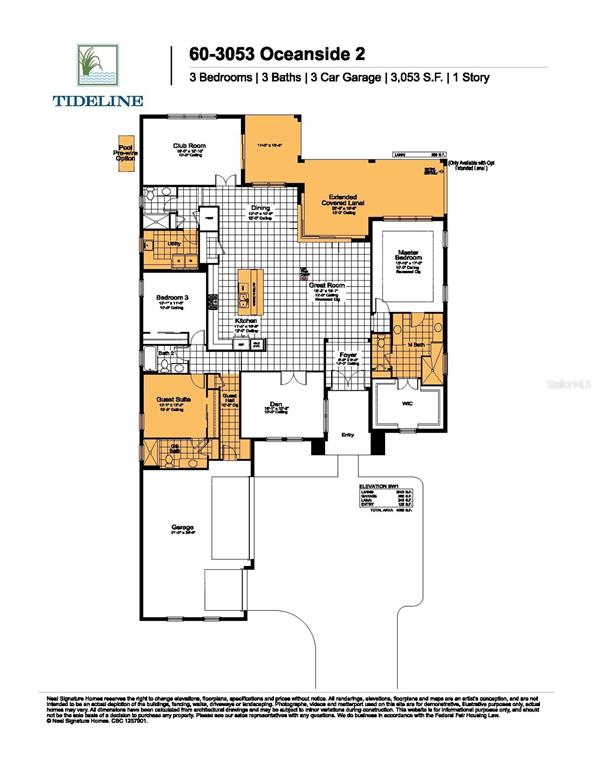 This floor plan shows a single-story house with three bedrooms, three bathrooms, and a garage — 1122 TIDELINE COVE, BRADENTON, FL