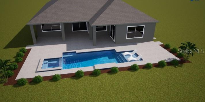 A 3D rendering of a house exterior featuring a swimming pool with a sun shelf — 1122 TIDELINE COVE, BRADENTON, FL