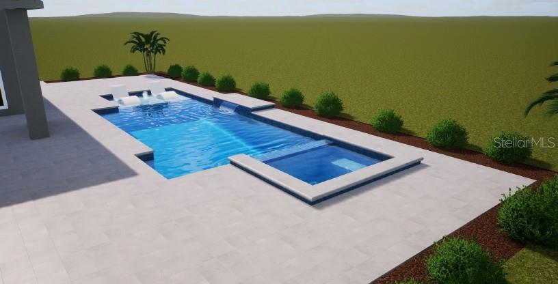 This is a 3D rendering of a rectangular swimming pool with an attached spa and lounge chairs — 1122 TIDELINE COVE, BRADENTON, FL