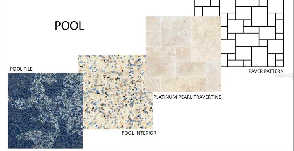 This rendering displays samples of pool tile, interior finish, travertine pavers, and a layout pattern — 1122 TIDELINE COVE, BRADENTON, FL