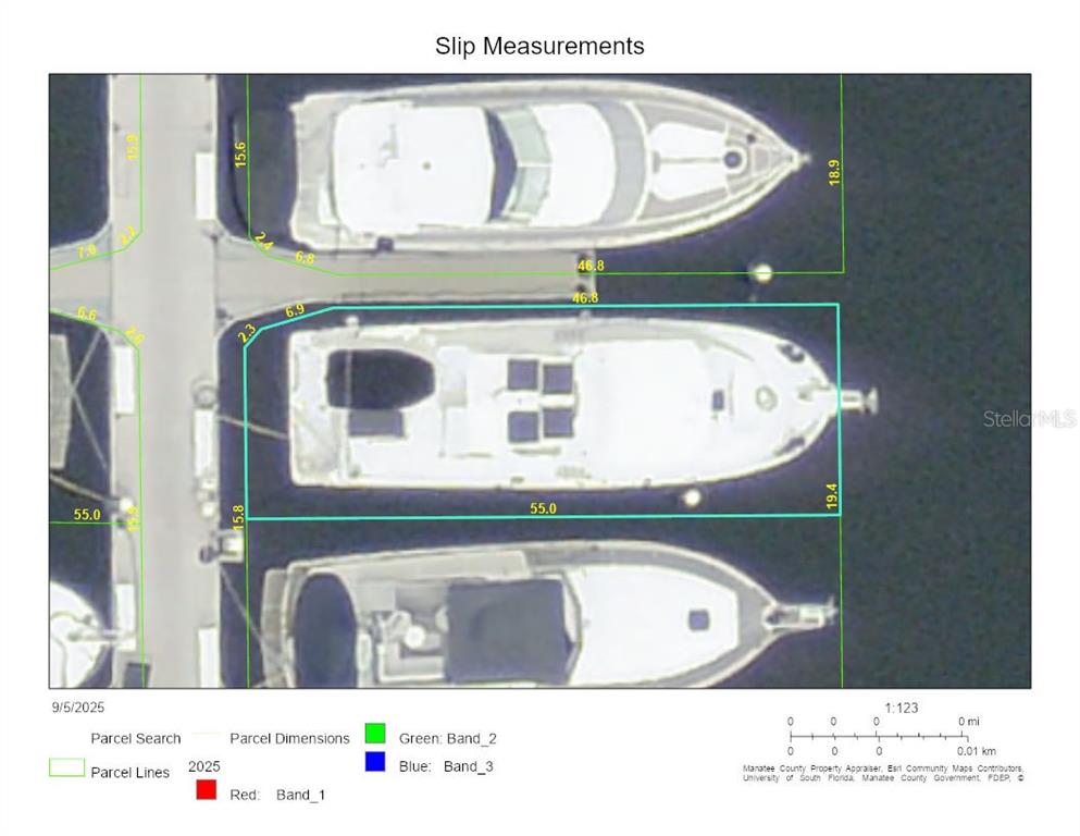 This aerial map displays the dimensions of boat slips at a marina — 102 RIVIERA DUNES WAY UNIT S-46, PALMETTO, FL
