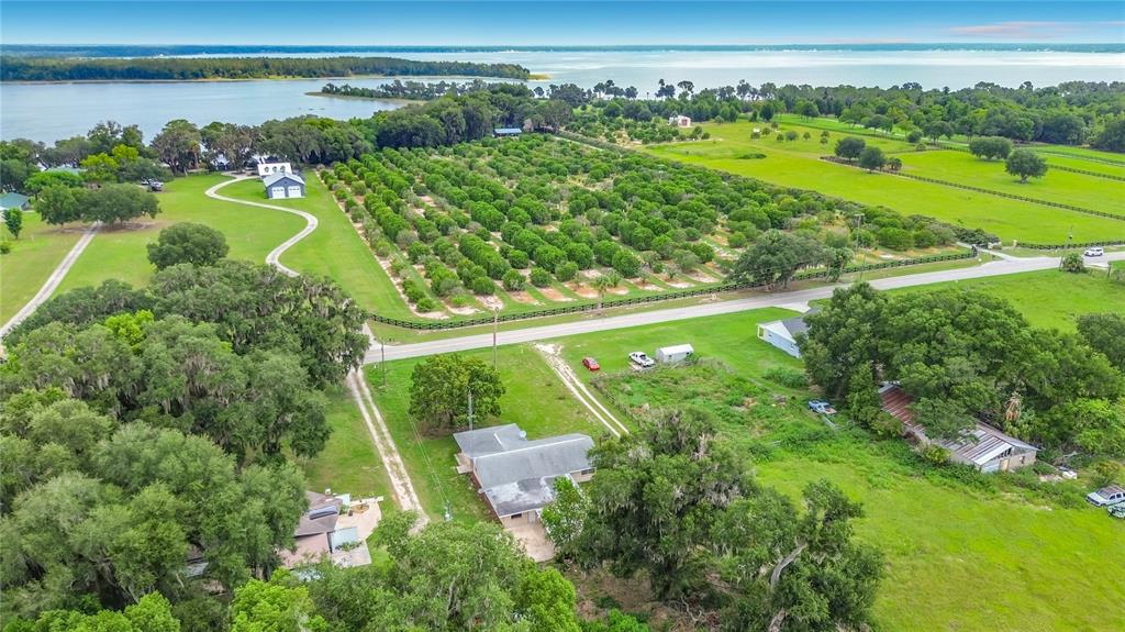 An aerial view shows a house, a large citrus grove, and a lake in the background — 11900 SE SUNSET HARBOR ROAD, WEIRSDALE, FL