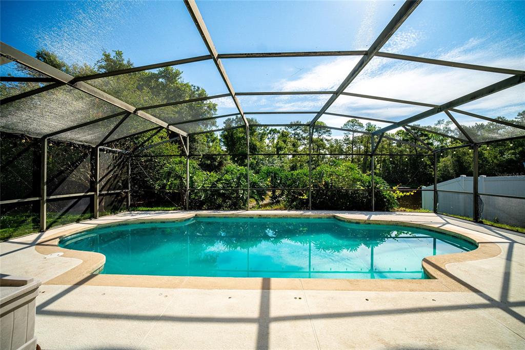 A swimming pool enclosed by a screened lanai with a concrete deck and surrounding trees — 381 AUGUSTINE COURT, OVIEDO, FL