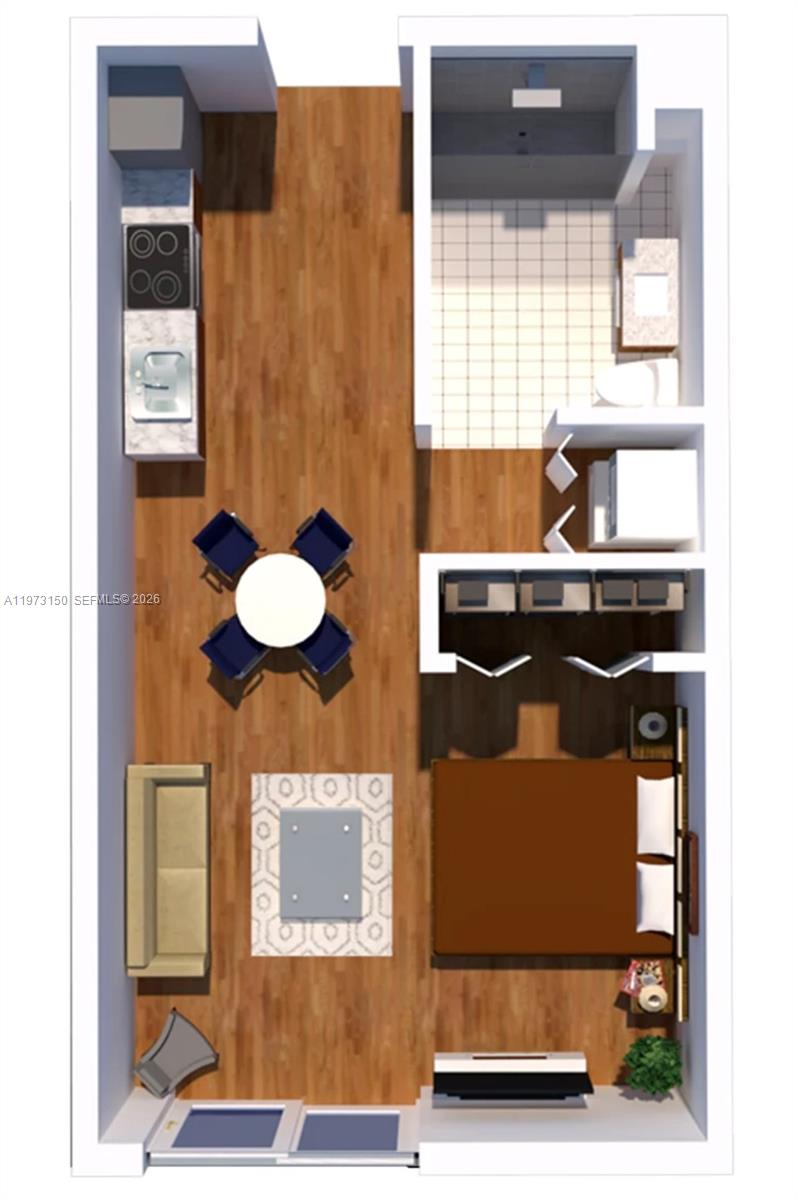 This is a 3D floor plan rendering of a studio apartment with a kitchen and bathroom — 61 NW 37th Ave # 22, Miami FL 33125, MIAMI, FL