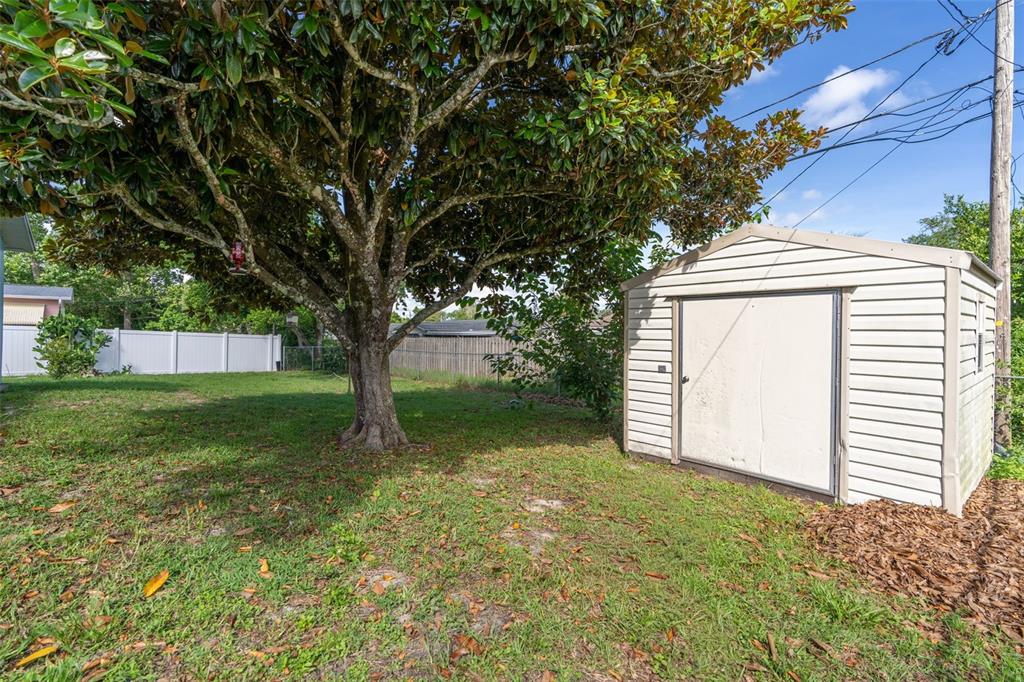 A backyard features a large tree, a white storage shed, and a white privacy fence — 306 S MONROE STREET, BEVERLY HILLS, FL