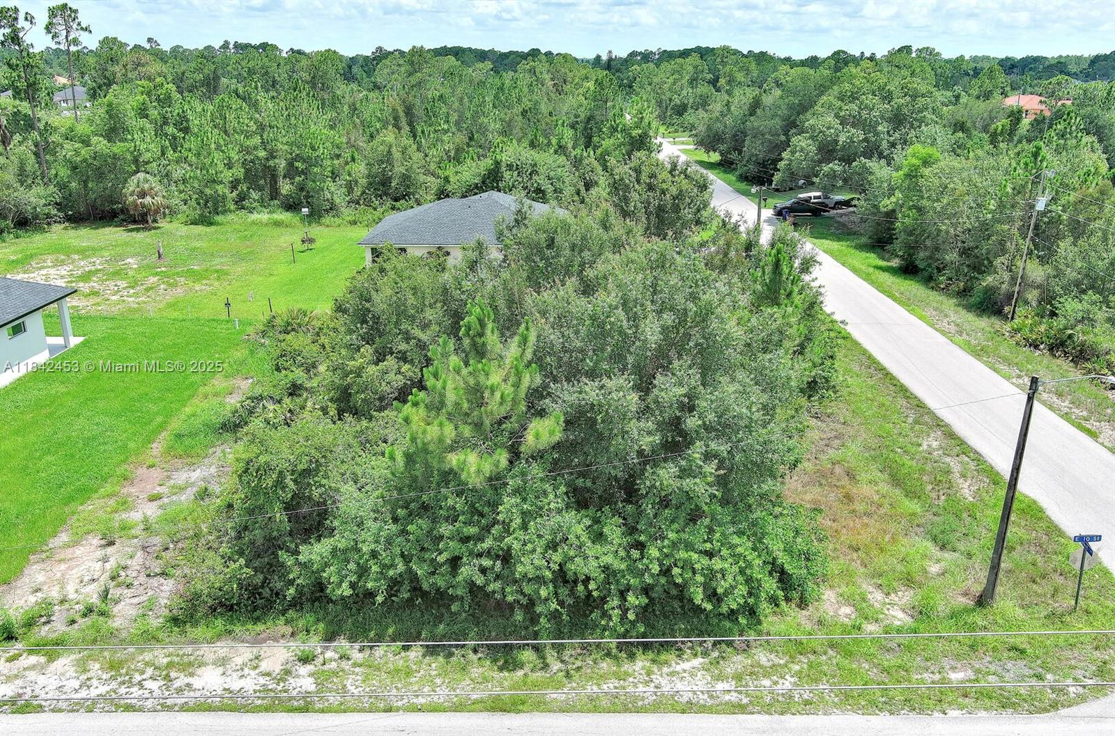 An aerial view shows a wooded lot next to a paved road and a house — 2500 E 10th St, Lehigh Acres FL 33936, LEHIGH ACRES, FL