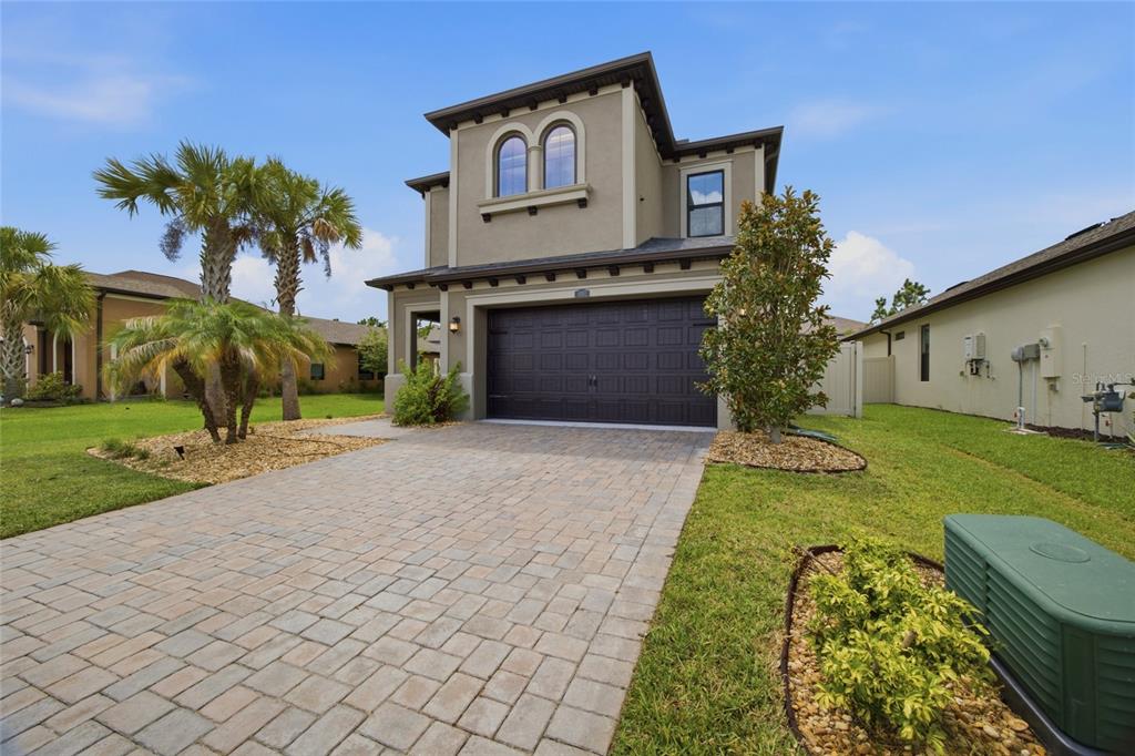 A two-story house with a paved driveway, dark garage door, and palm trees in front — 4667 SAN MARTINO DRIVE, WESLEY CHAPEL, FL