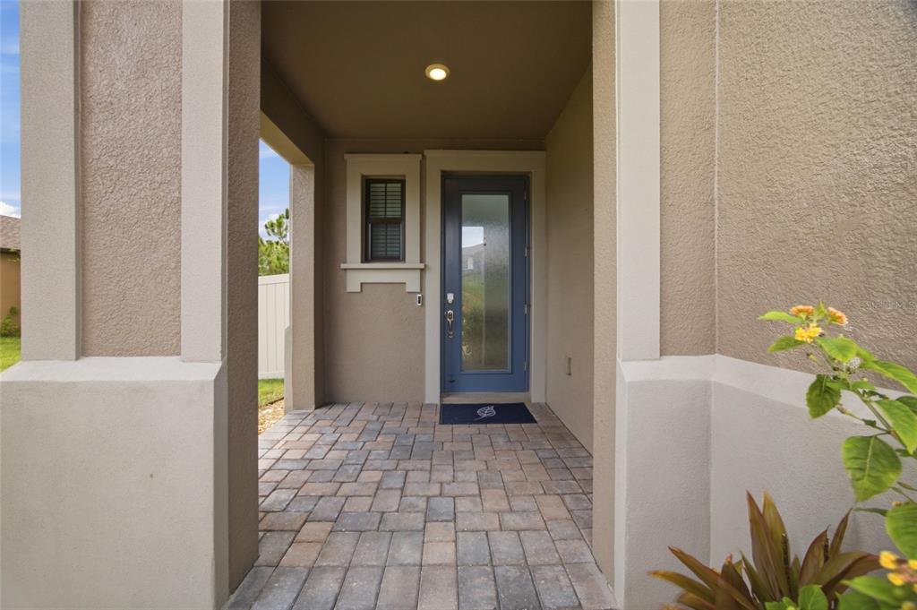 A covered entryway features a blue glass-paneled front door and stone paver flooring — 4667 SAN MARTINO DRIVE, WESLEY CHAPEL, FL