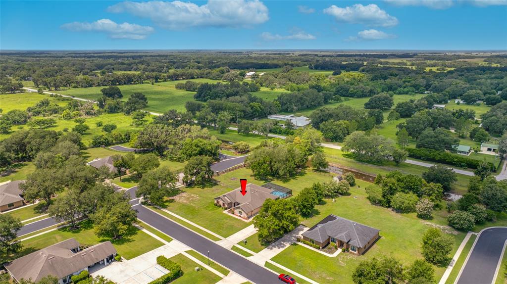 An aerial view shows a suburban house with a pool and a red arrow marker — 14311 HILL COUNTRY LANE, DADE CITY, FL