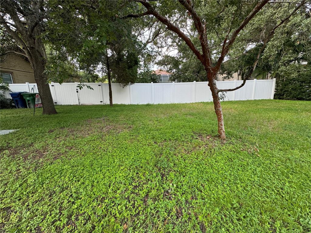 A grassy backyard features a white vinyl fence and several mature trees — 3115 W SAN PEDRO STREET, TAMPA, FL