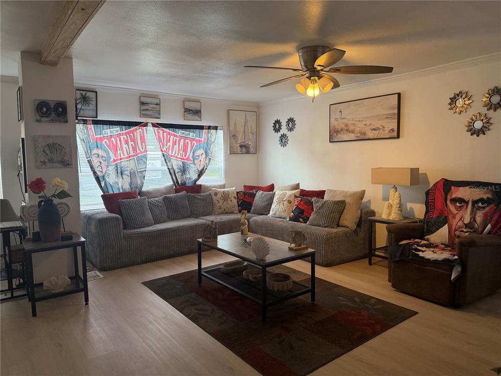 A living room features a large gray sectional sofa, a coffee table, and Scarface-themed decor — 36603 SKYCREST BOULEVARD, FRUITLAND PARK, FL