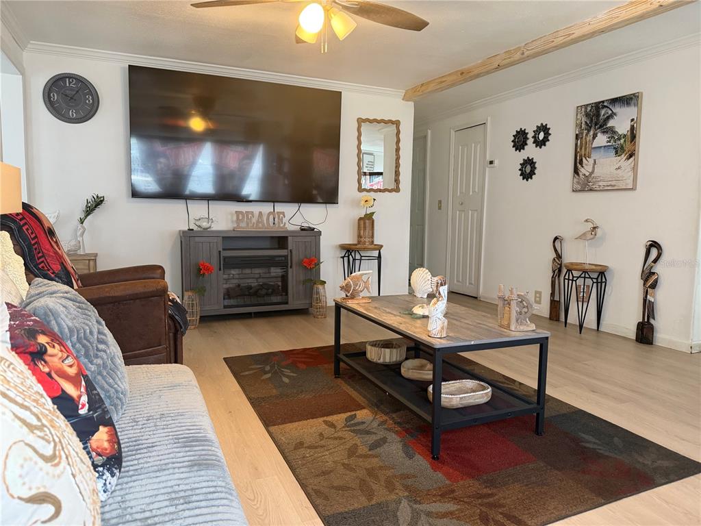 A living room features a large wall-mounted television, a fireplace console, and a coffee table — 36603 SKYCREST BOULEVARD, FRUITLAND PARK, FL