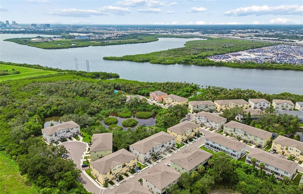 An aerial view shows residential buildings surrounded by dense greenery and a nearby body of water — 852 TENNYSON MILL CIRCLE, TAMPA, FL