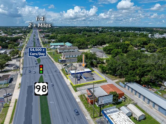 This aerial map shows a commercial property located along a major highway — 5508 US HIGHWAY 98 N, LAKELAND, FL