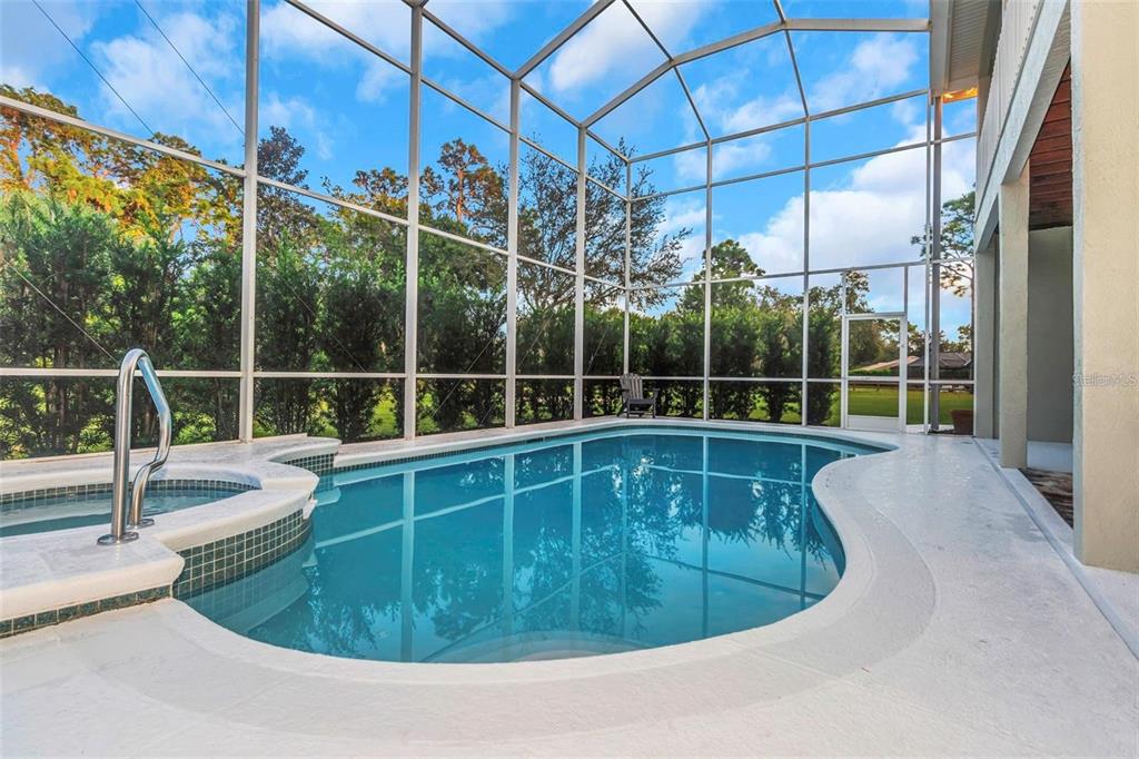 A screened-in swimming pool and spa with a concrete deck and surrounding privacy hedges — 5250 MACOSO COURT, NEW PORT RICHEY, FL