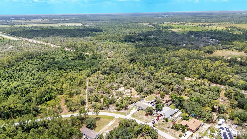 An aerial view shows a rural residential area surrounded by dense forest and open land — WOODSTORK WAY, FROSTPROOF, FL
