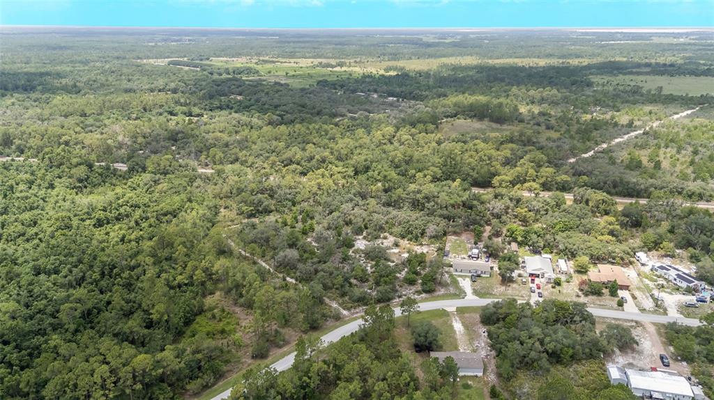 An aerial view shows a rural residential area with scattered houses surrounded by dense forest — WOODSTORK WAY, FROSTPROOF, FL