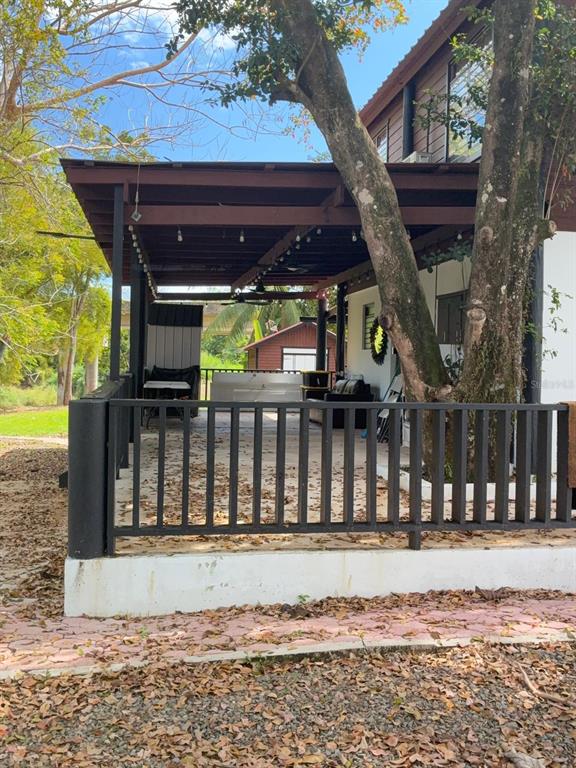A covered patio with a black metal railing and a large tree growing through it — 119 CARR 119 BO POZAS, SAN SEBASTIAN, PR