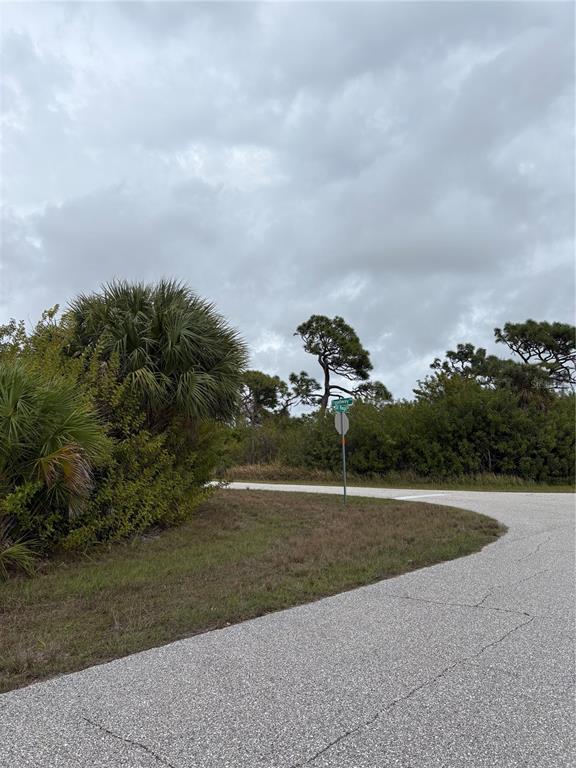 A paved road curves past a street sign and dense vegetation under a cloudy sky — 7513 TREADWAY ROAD, PORT CHARLOTTE, FL