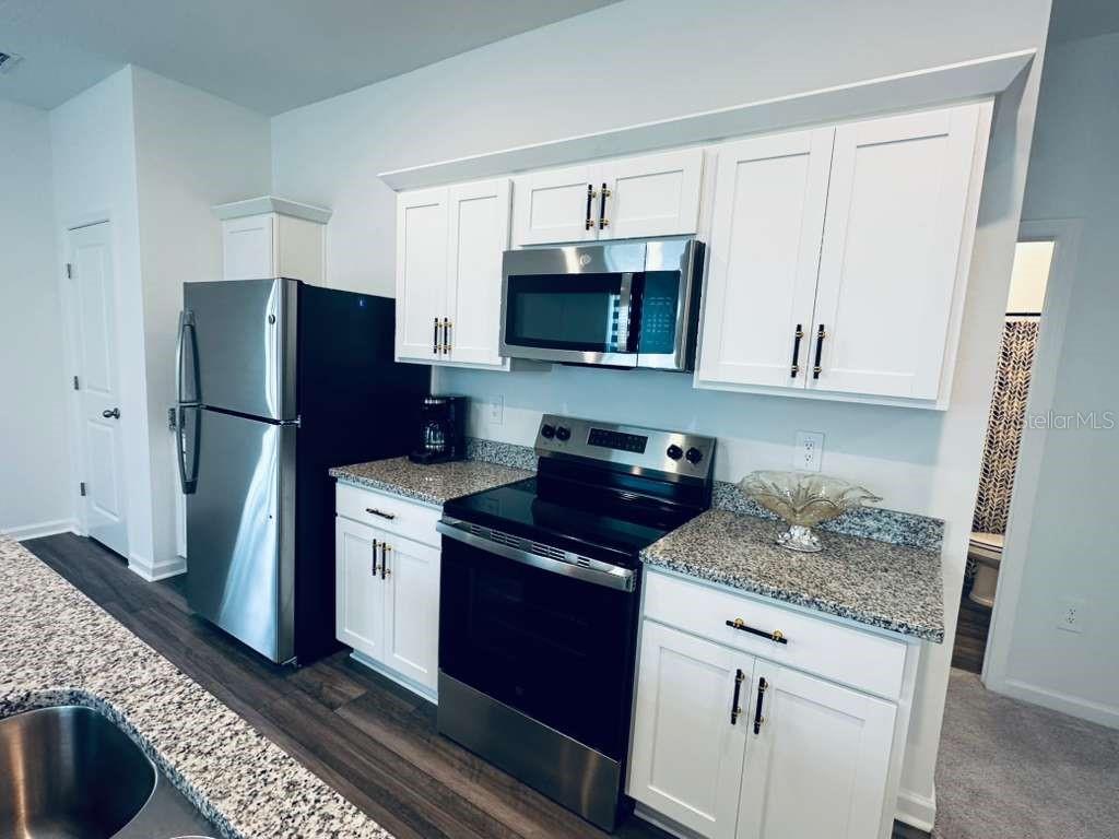 A kitchen features white cabinets, granite countertops, and stainless steel appliances — 10473 CURVING CREEK LOOP, PARRISH, FL