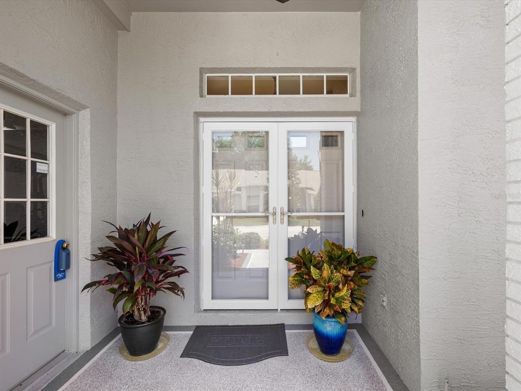 A covered entryway features a double glass door, a side door, and two potted plants — 18730 WORTHINGTON DRIVE, HUDSON, FL