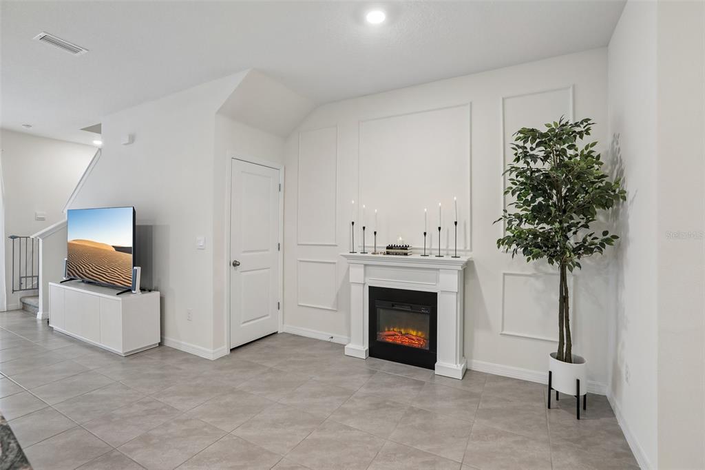 A living room features a white electric fireplace, wall molding, a television, and a potted plant — 9223 ROCK HARBOUR WAY, TAMPA, FL