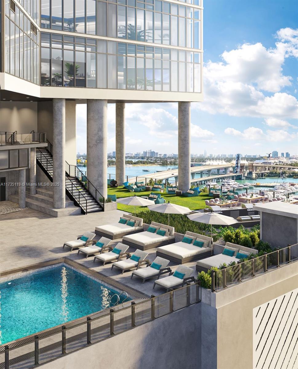 This architectural rendering shows a modern outdoor pool deck with lounge chairs and a bridge — 398 NE 5th St # 1510, Miami FL 33132, MIAMI, FL