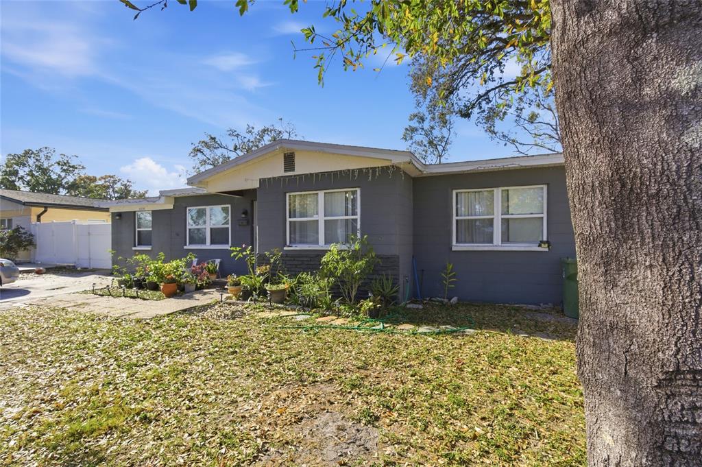 A single-story gray house with a flat roof and a large tree in the foreground — 4608 HARVEY AVENUE, TAMPA, FL