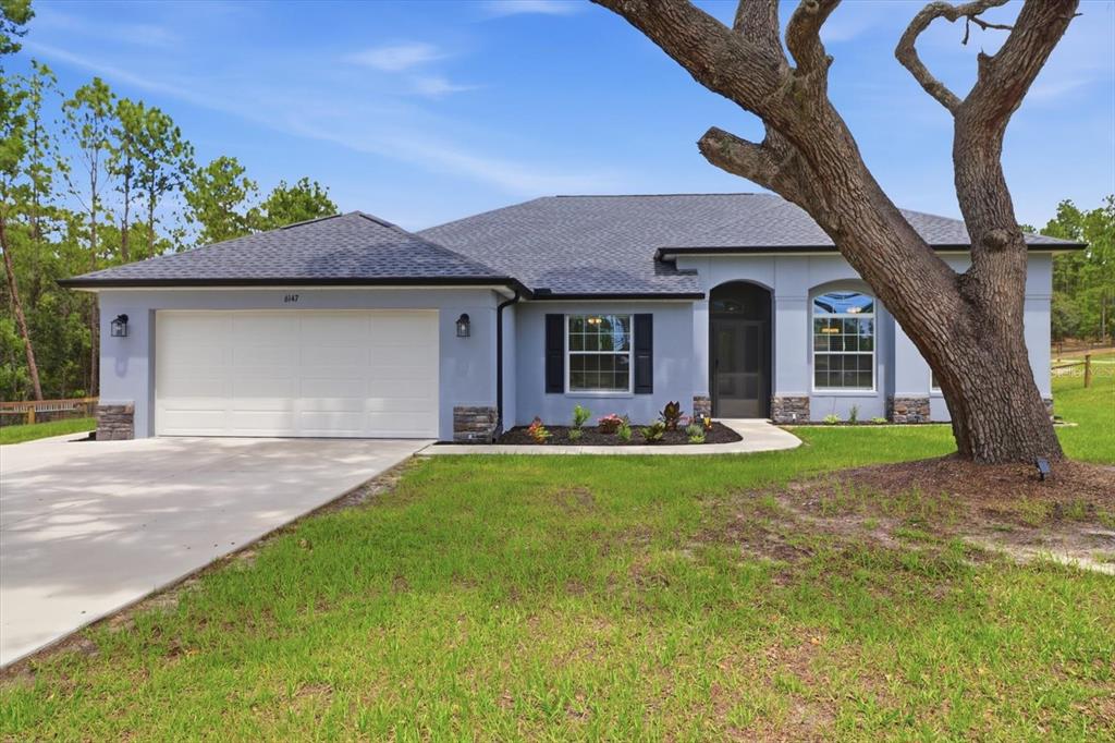A single-story house with a light blue exterior, stone accents, and a large front tree — 6147 W SETTLER DRIVE, BEVERLY HILLS, FL
