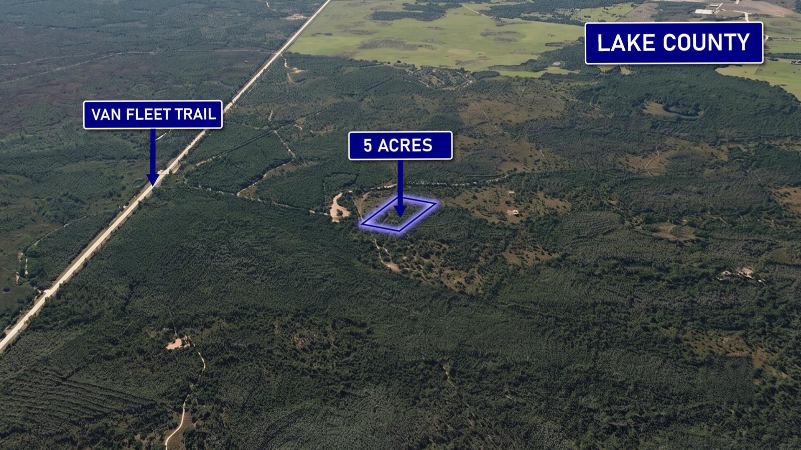 An aerial view shows a five-acre plot of land near the Van Fleet Trail — 0000 Calvin Lee Road, Clermont FL 34711, CLERMONT, FL