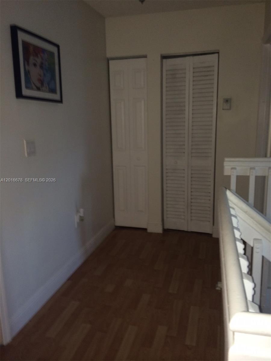 A hallway features wood-look flooring, two white closet doors, and a framed wall picture — 10026 SW 162nd Path, Miami FL 33196, MIAMI, FL
