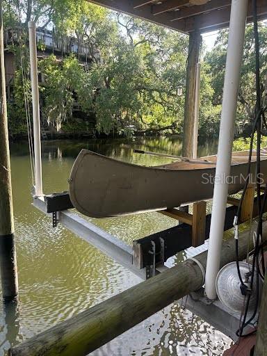 A canoe sits on a boat lift over a canal near a wooded shoreline — 7801 N 12TH STREET, TAMPA, FL