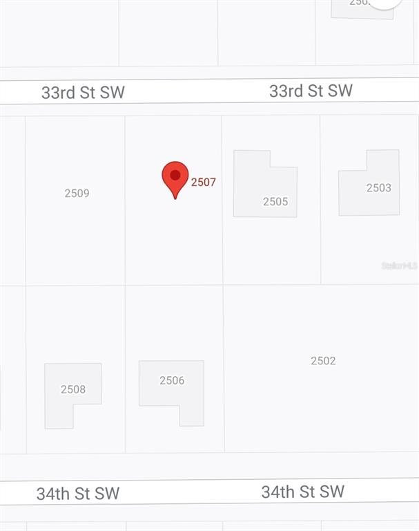 This is a map showing property lot lines and building footprints for several addresses — 2507 33RD STREET SW, LEHIGH ACRES, FL