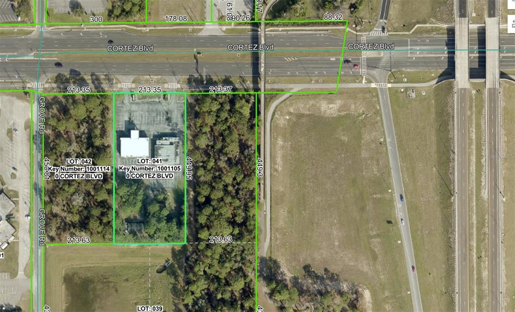 This is an aerial map showing two adjacent land parcels outlined in green along a highway — 15010 CORTEZ BOULEVARD, BROOKSVILLE, FL